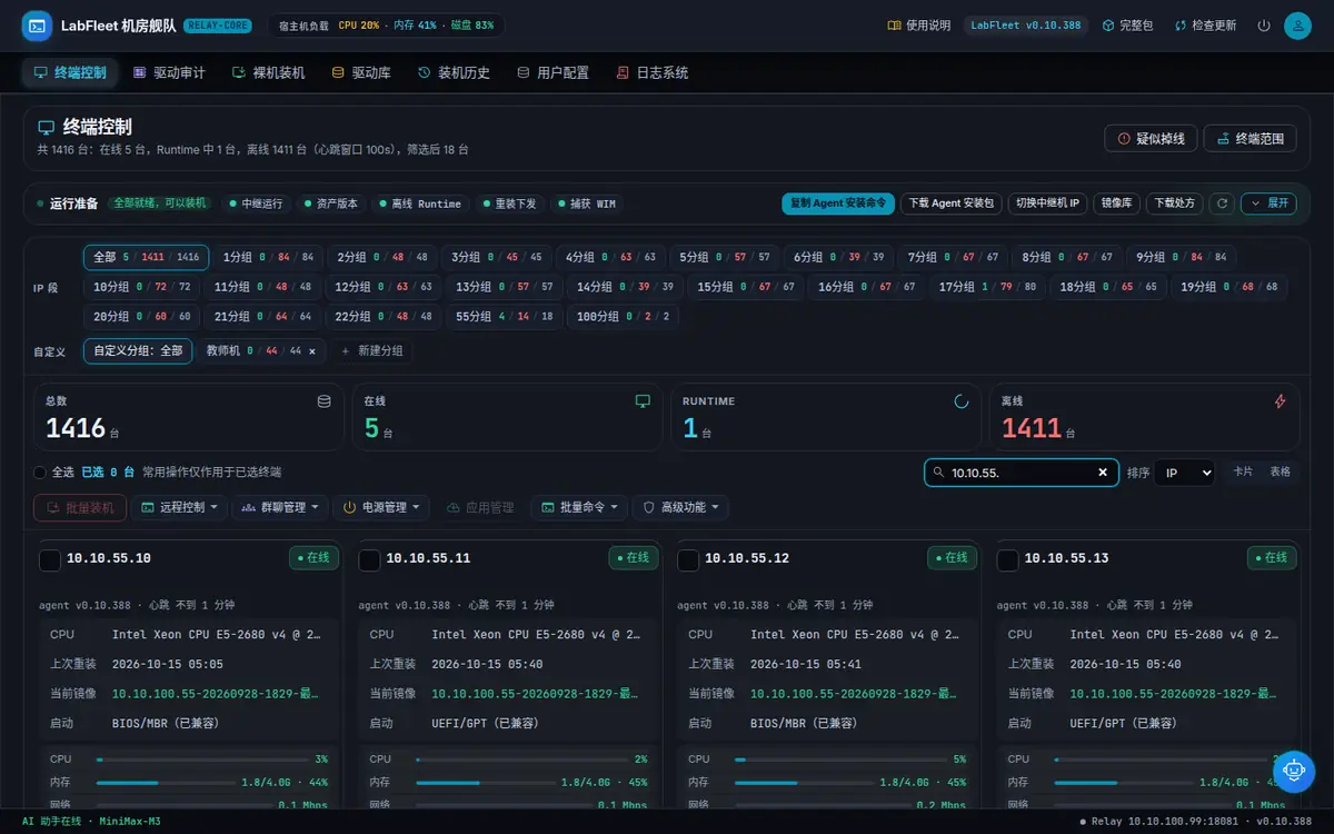 LabFleet 终端控制界面截图，示例数据