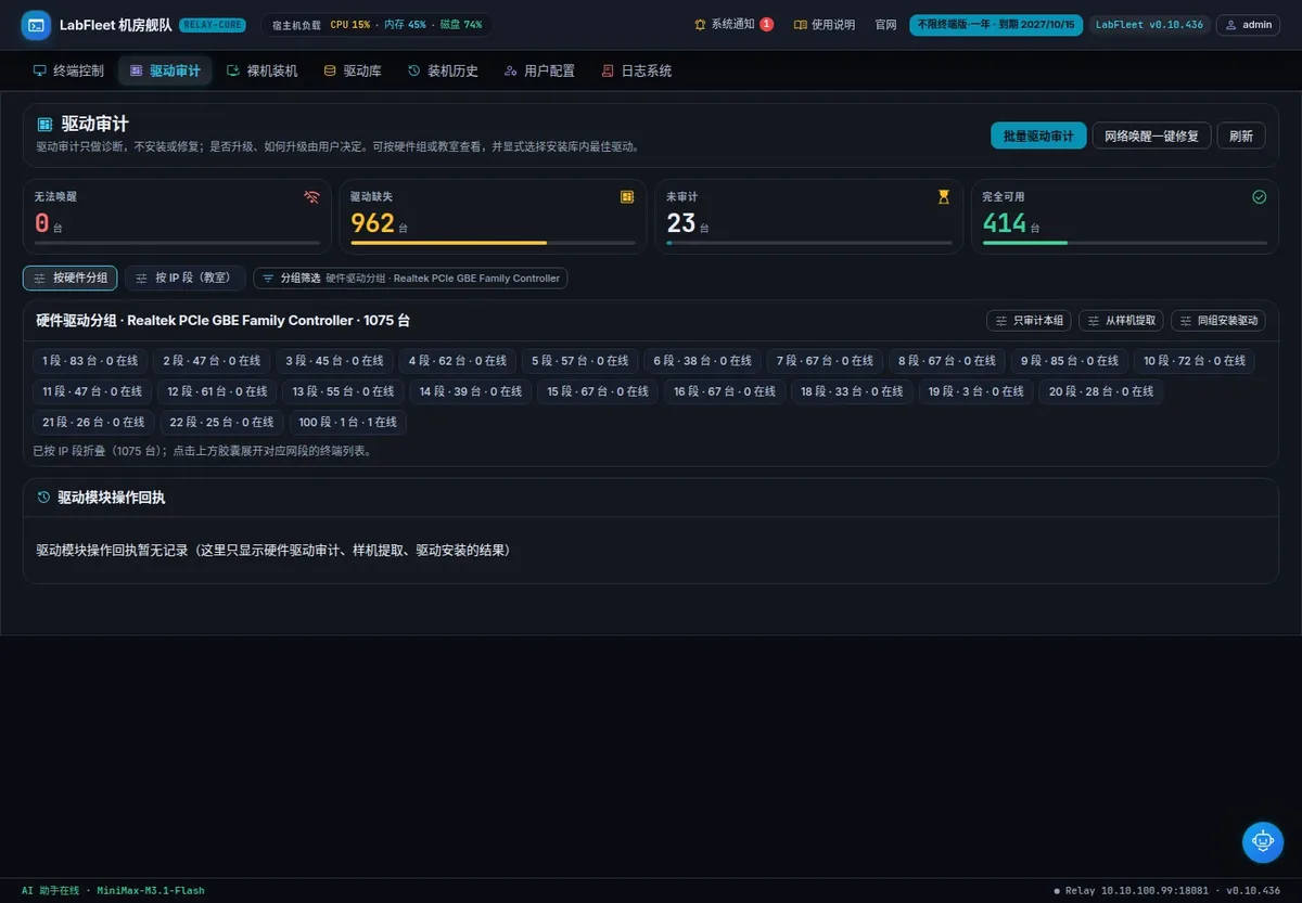 LabFleet 控制台截图：驱动问题，按硬件一组一组解决